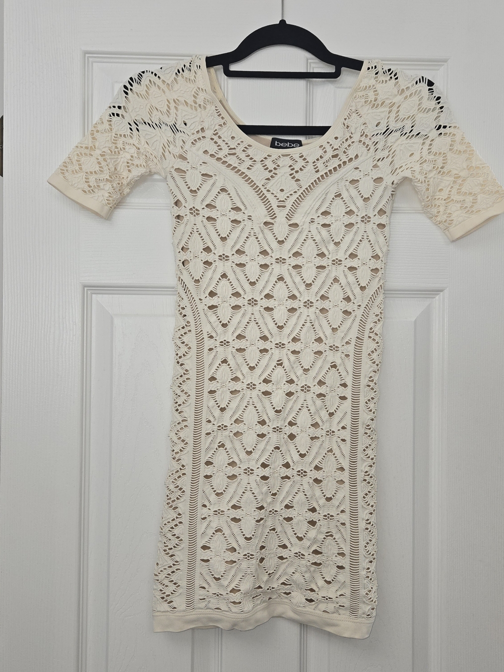 BEBE Off White Crochet Open Knit Bodycon Mini Dress Small | Y2K Party Glam